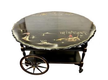 Chinoiserie Black Lacquered Hand Painted Rolling Tea Bar Cart