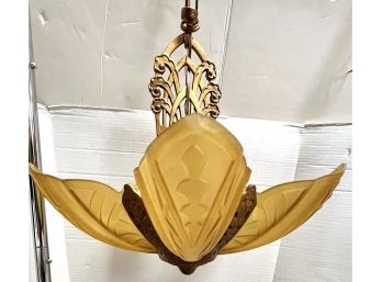 Vintage Art Deco Frosted Amber Glass And Bronze  Chandelier