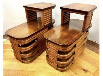 Paul Frankl Mid Century Stacked Rattan Bamboo Side Tables Nightstands
