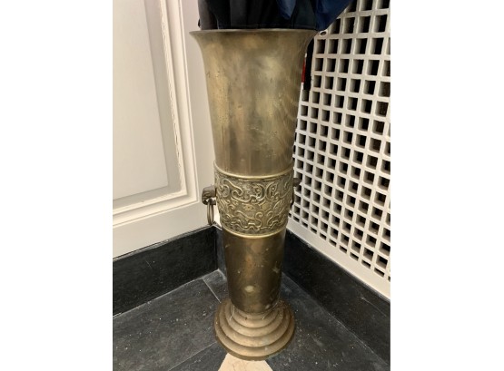Exceptional Vintage Carved Brass Umbrella Stand With Lion Head Handles