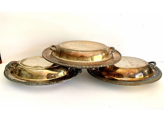 Antique Set Of 3 Silver Plated Silverplate Covered Casserole Dishes