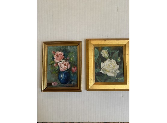 Elegant Set Of Two Small Signed Original Rose Oil Paintings