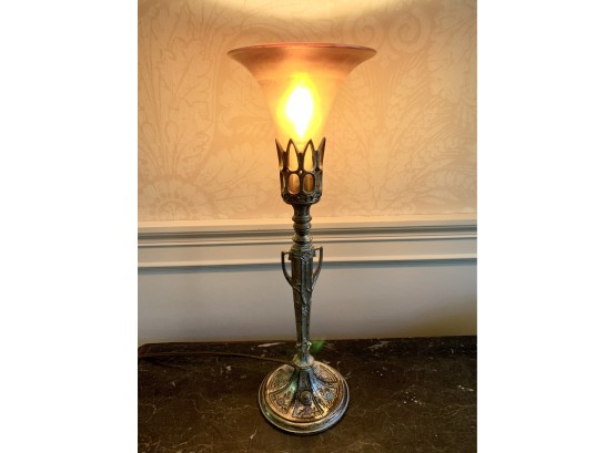 Sought After Art Deco Silver Candle Lamp With Glass Shade 15'Tall