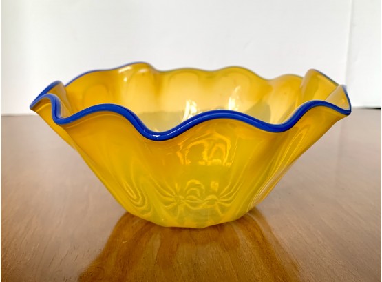 Hand Blown Yellow And Blue Glass Bowl