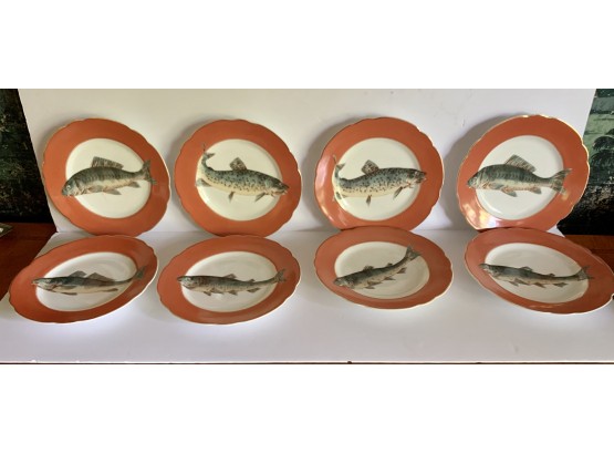 Rare Set Of Carlsbad Porcelain Fish Plates 8' Done In A White And Hermes Orange Color Scheme