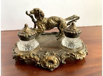 Magnificent Antique Bronze And Crystal Inkwell Set With Irish Setter Dog