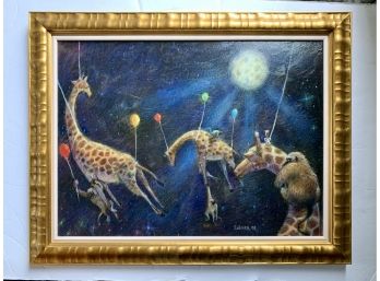 Original Signed J. Weiner Painting  Monkees And Giraffes