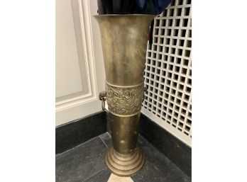 Exceptional Vintage Carved Brass Umbrella Stand With Lion Head Handles