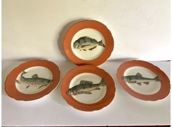 Set Of Rare Carlsbad 8' Fish Plates Done In White And Hermes Orange Colro Scheme