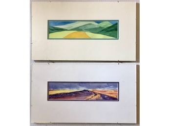 Exceptional Mid Century Style Pair Of Sleek Abstract Watercolor Landscape Paintings