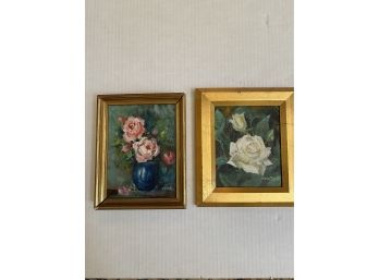 Elegant Set Of Two Small Signed Original Rose Oil Paintings
