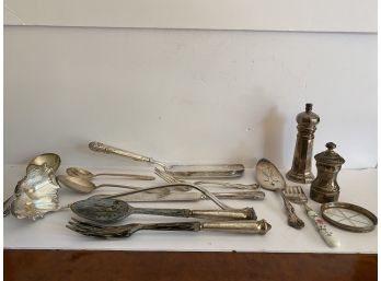 Antique Rare Mix & Match Lot Of Silver Silverplate Serving Utensils Plus Pepper Shakers