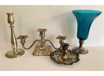 Large Antique Assortment Of Sterling And Silverplate Candleholders