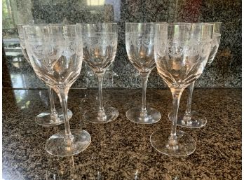 Set Of 6 Vintage Etched Crystal Wine Glasses