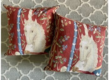 Elegant And Unusual Pair Of Velvet Unicorn Tapestry Pillows 16' Square