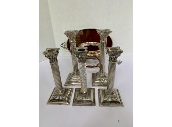 Lot Of Seven Vintage And Antique Silver Silverplate Pieces Candlesticks