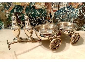 Exceptional Signed Sterling Silver Salt & Pepper, Silver Condiment Cart