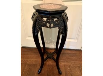 Mid Century Chinoiserie Chinese Carved Pedestal Stand With Marble Inset At Top 36' Tall