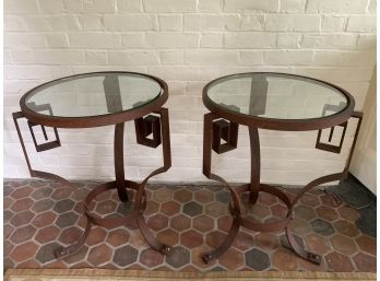 In Demand Mid Century Brutalist Pair Of Wrought Iron Circular Side Tables With Glass Tops