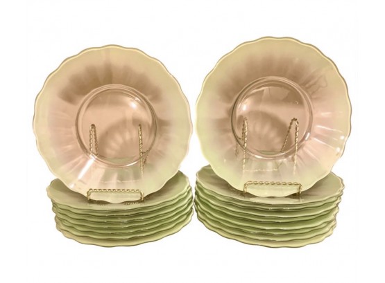 Mid Century Modern Set Of 10 Translucent Green Scalloped Glass Plates