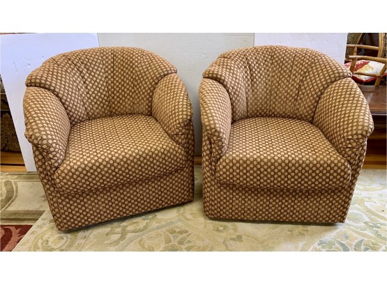 Matching Pair Of Lillian August Cool And Comfortable Upholstered Barrel Back Swivel Chairs