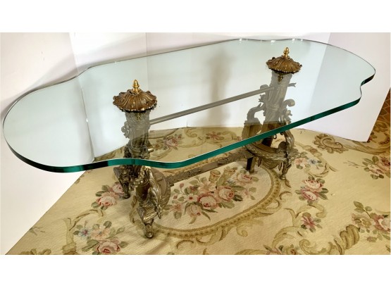 Spectacular Maison Jansen Brass Andiron And Glass Top Coffee Table