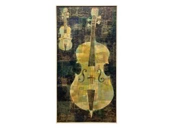 Orignal Signed Large Scale Mid Century Mixed Media Painting, Bass And Violin