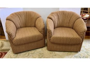 Matching Pair Of Lillian August Cool And Comfortable Upholstered Barrel Back Swivel Chairs