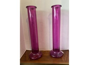 Pair Of Mid Century Modern 24 Inch Tall Purple Glass Vases