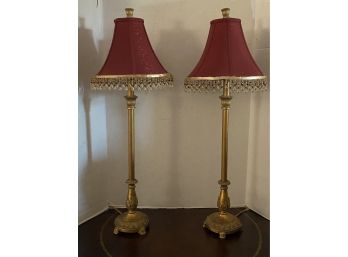 Pair Of Gold Buffet Lamps With Red Silk Beaded Shades