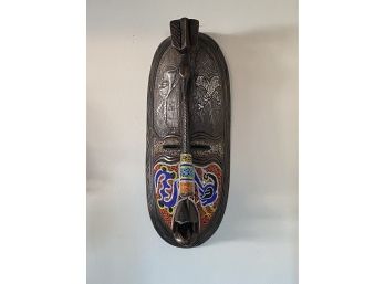 Large Carved African Beaded Mask Wall Decor