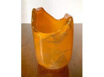 Signed KRW Mid Century Sculptural Orange And Gold Art Glass Vase