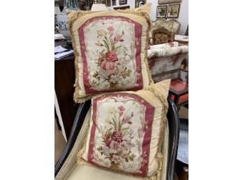 Pair Of Large Floral Aubusson And Velvet Backed Pillows