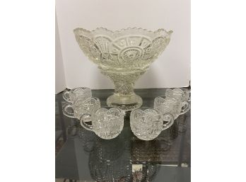 Beautiful Crystal Pedestal Punch Bowl Accompanied With 6 Cups