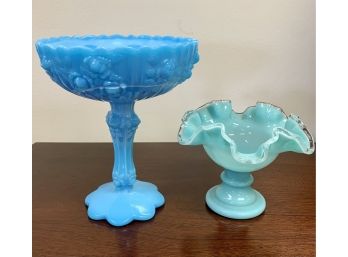 Fenton Set Of 2 Turquoise Milk Glass And Glass Pedestal Dishes