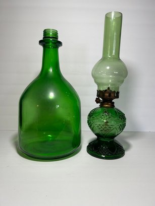 Green Glass Oil Lamp And Vase