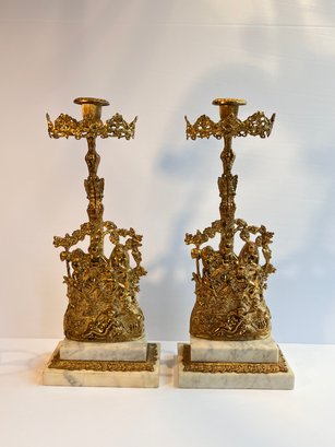 Antique Brass And Marble Girandole Candelabra Pair