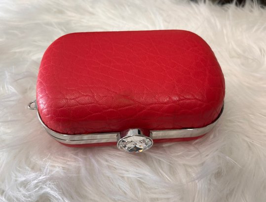 Hot Pink Glossy Faux Leather Round Case Clutch With Gem