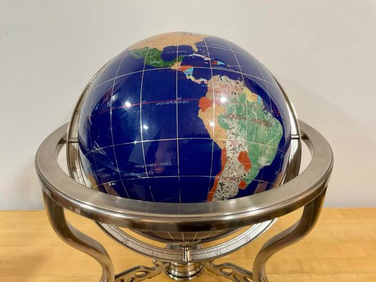 Vintage Blue Lapis And Semi Precious Stone World Globe With Compass And Stand