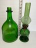 Green Glass Oil Lamp And Vase