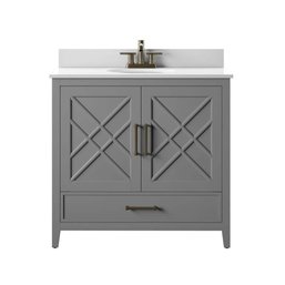 Twin Star Home Bath Vanity In Huron Gray With Stone Vanity Top In White With White Basin And Ba