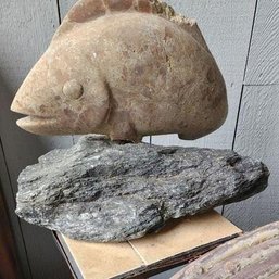Vintage Brutalist-Style Stone Sculpture Of Fish Mounted On Rock