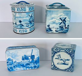 Four Blue  And White Tins