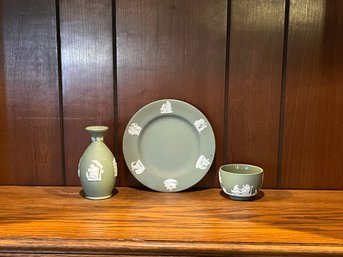 Three Wedgwood Green Jasperware Pieces