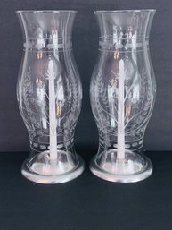 Two Etched Glass Hurricanes With Bases
