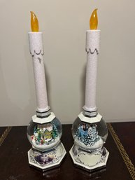 Pair Of Homas Kinkade Season Of Light Illuminating Snow Globe Candleholder