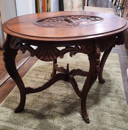 Antique Side Table W/ Intricate Hand-Carved Castle