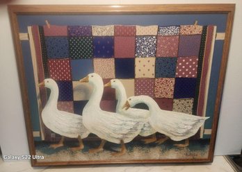 Huntington Impasto-Style Oil On Canvas - Ducks With Patchwork Quilt, Signed