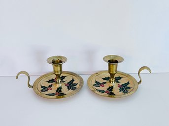 Brass And Enamel Christmas Candle Holders