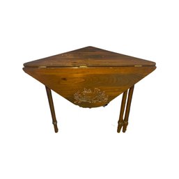 Drop Leaf Pine Corner Table With Carved Bird Design At Front.
